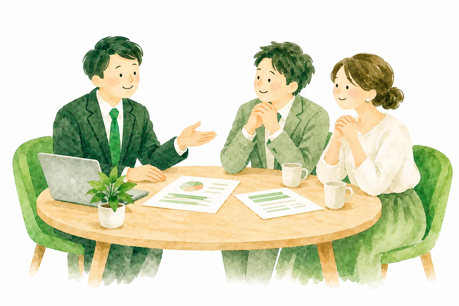相談役がお客様2人に向き合って話す、緑を基調とした水彩イラスト